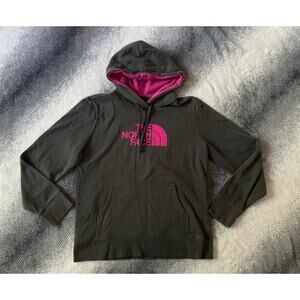 The North Face Women Pullover Gray Pink Hoodie Drawstring Sweatshirt Size Large